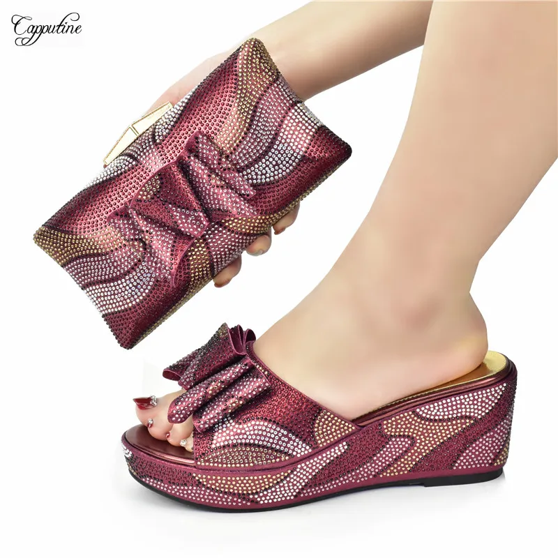 Wine Women Platform Shoes And Bag Set African Summer Slippers Match With Purse Handbag Wedge Heel Pumps Pantoufle Femme 938-42