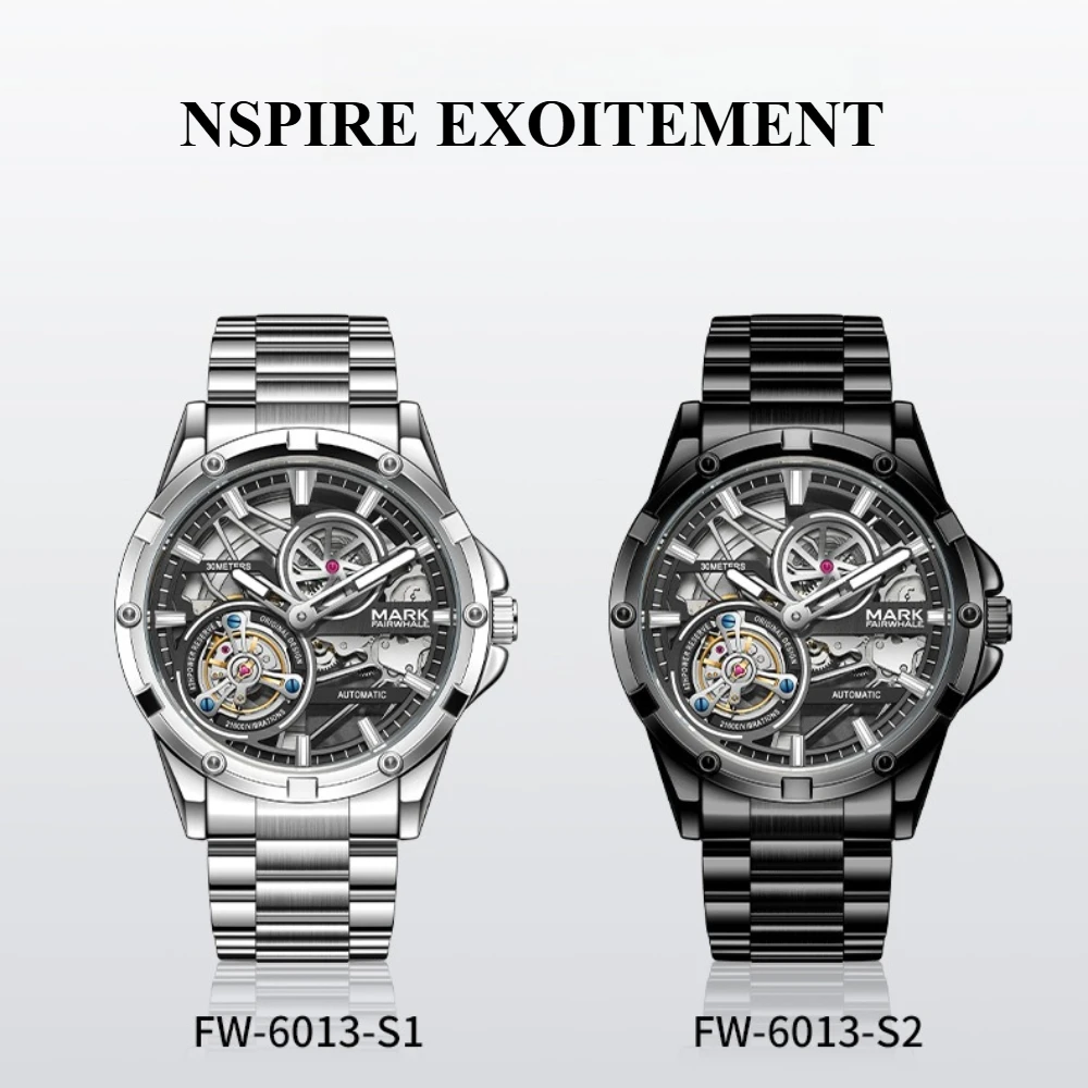 Mark Fairwhale 6013 Men's Automatic Movement Watch Luminous Hollowed out Mechanical Waterproof Relogio for Men