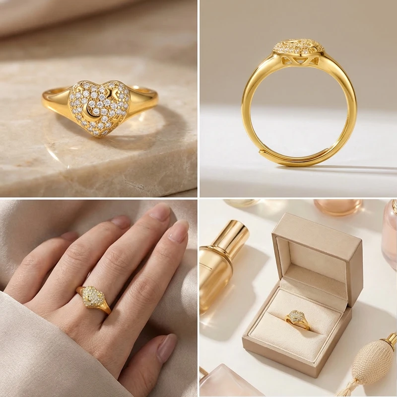

925 Sterling Silver Fashion Original Luxurious Sparkling Zircon Lucky Star Moon Heart Ring Women High Jewelry Mother's Day Gift