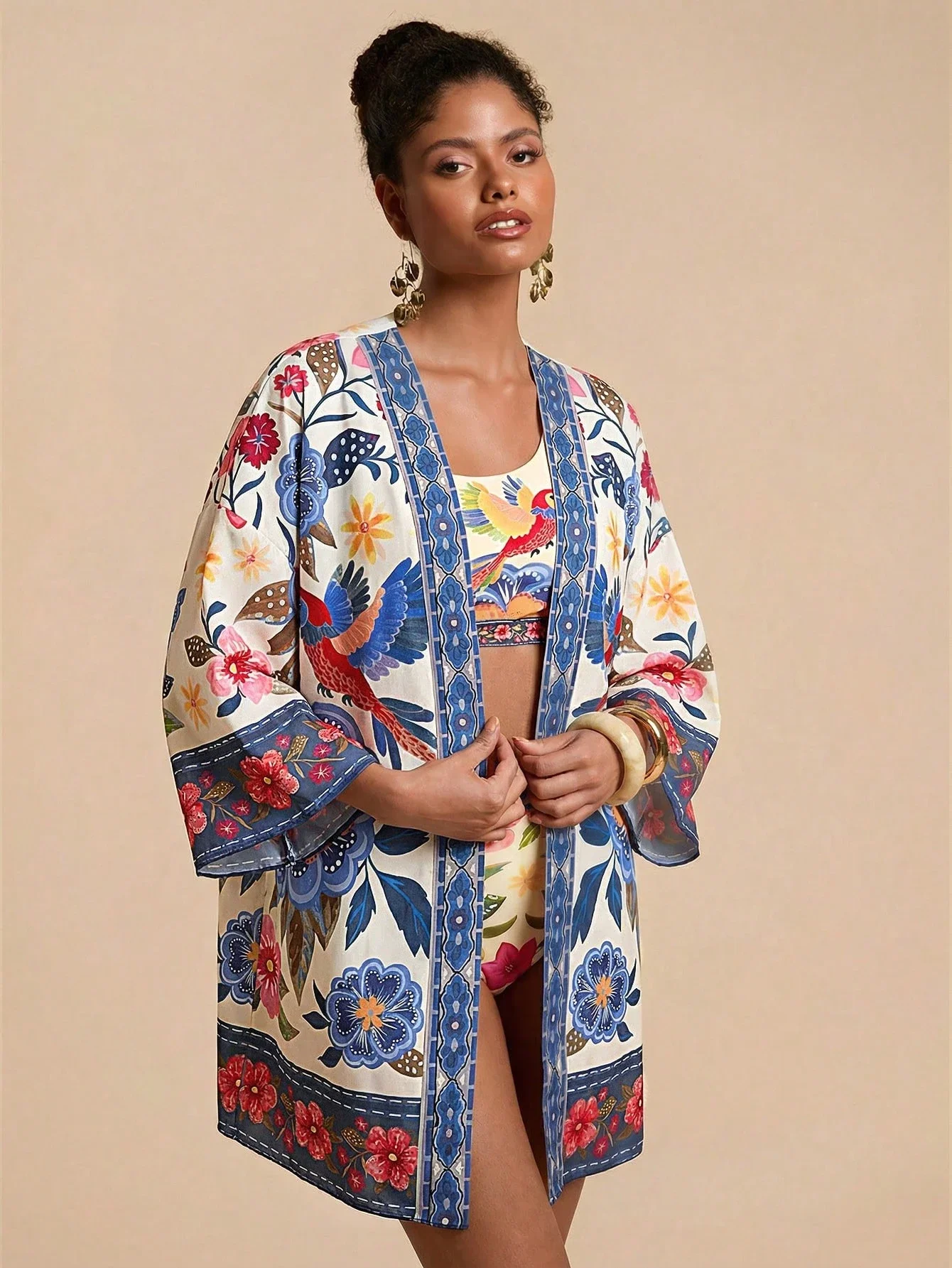 

Women Floral Parrot Print Loose Kimono Cover Up Beachwear