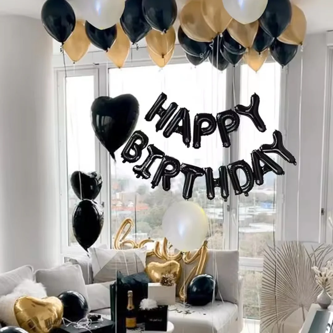 44Pcs Black Gold Latex Balloon And Birthday Letter Aluminum Film Balloon Set For Birthday Party, Wedding Anniversary Decoration