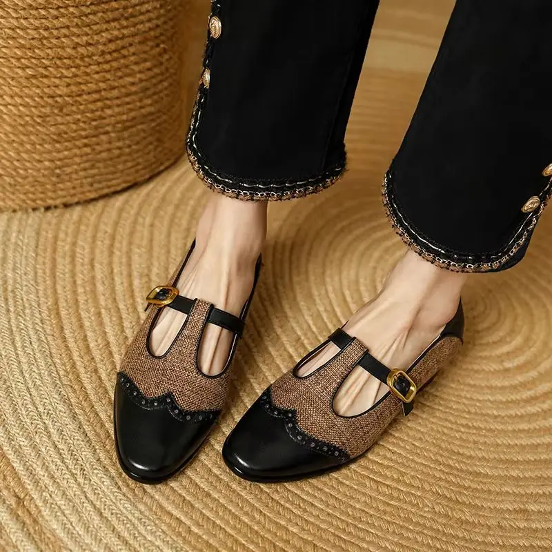 Woman Shoes Elegant Mary Jane Spring Simple Flats T-Strap  Shoes French Style Round Toe Genuine Leather Handmade Basic Footwear