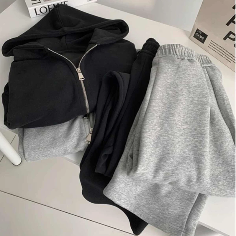 Leisure Sport Set Women Double Zippers Hoodie Tops And Elastic Waist Trousers 2pcs Solid Spring Autumn Female Clothes Suit