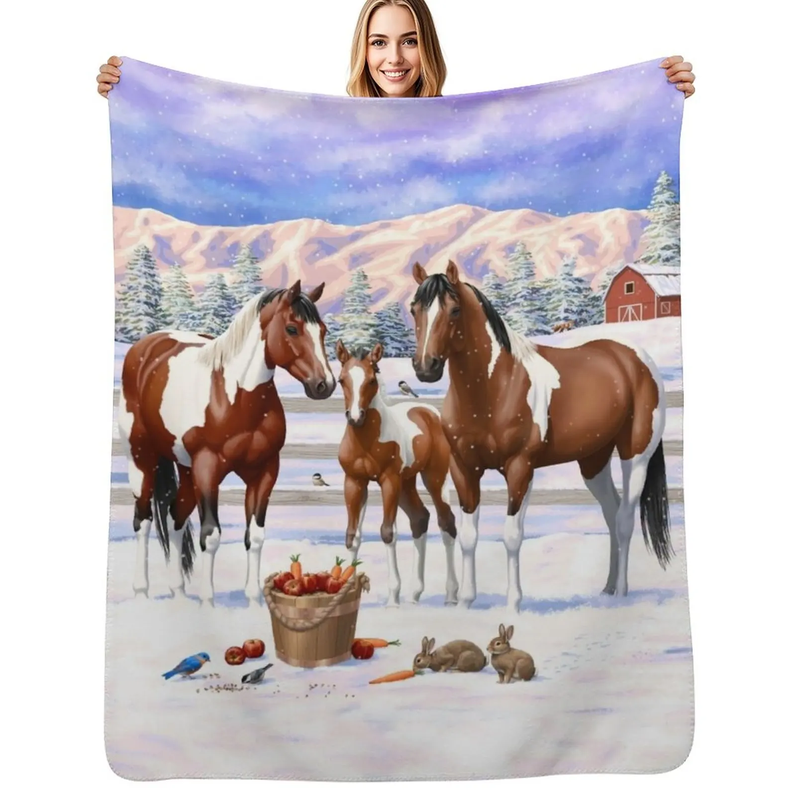 

Bay Pinto Paint Quarter Horses In Winter Snow Throw Blanket Color Fast Cozy Throw Blanket