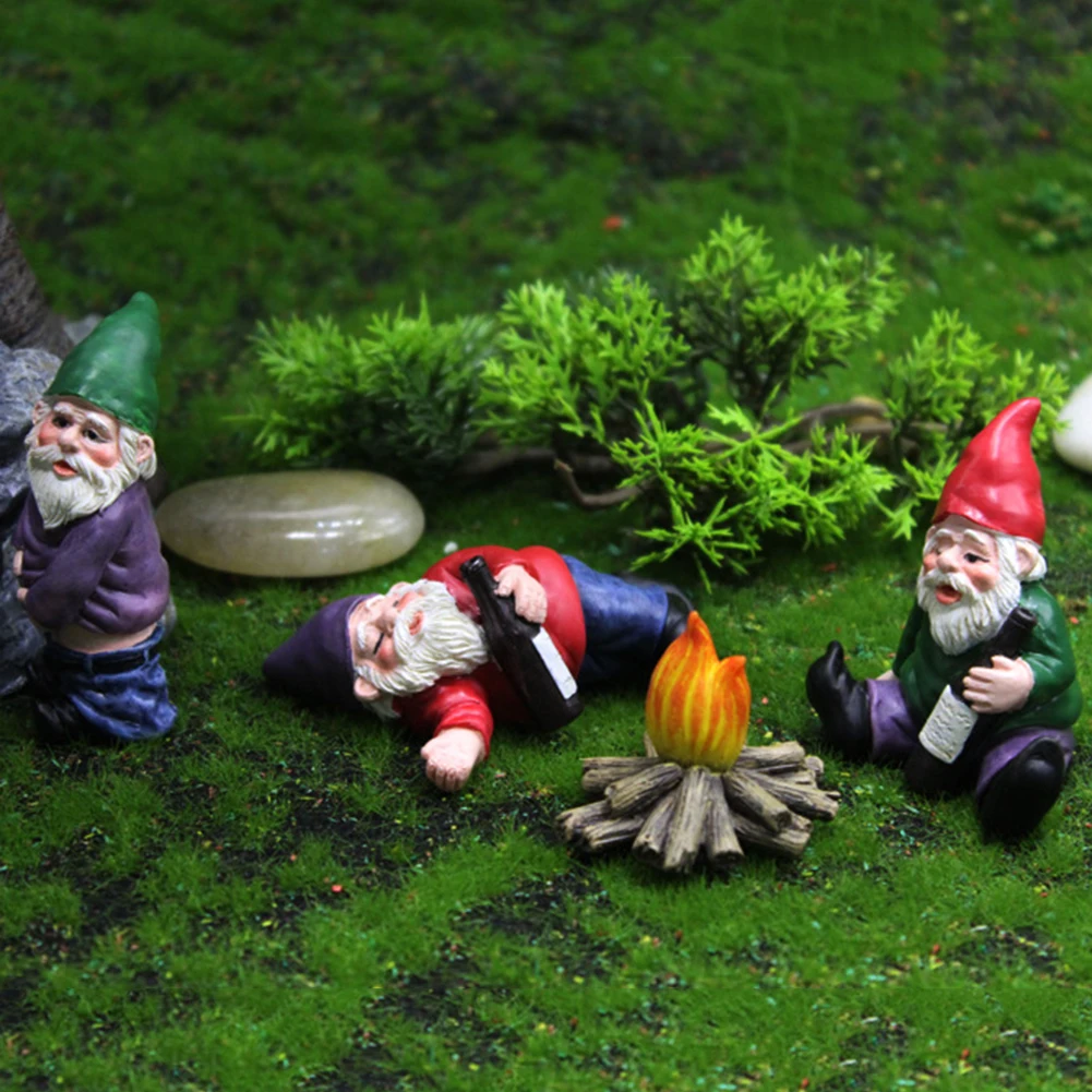 4 Pcs Fairy Garden Drunk Gnomes Miniature Ornaments Set Mini Dwarf Bonfire Statues for Planter Flowerpot Decor Accessories