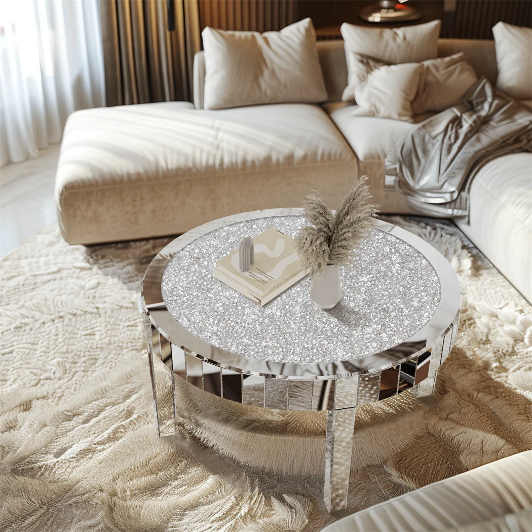 Silver Round Mirrored Coffee Table, Luxury Glass Top Accent Side Table for Living Room, Bedroom and Modern Home Decor