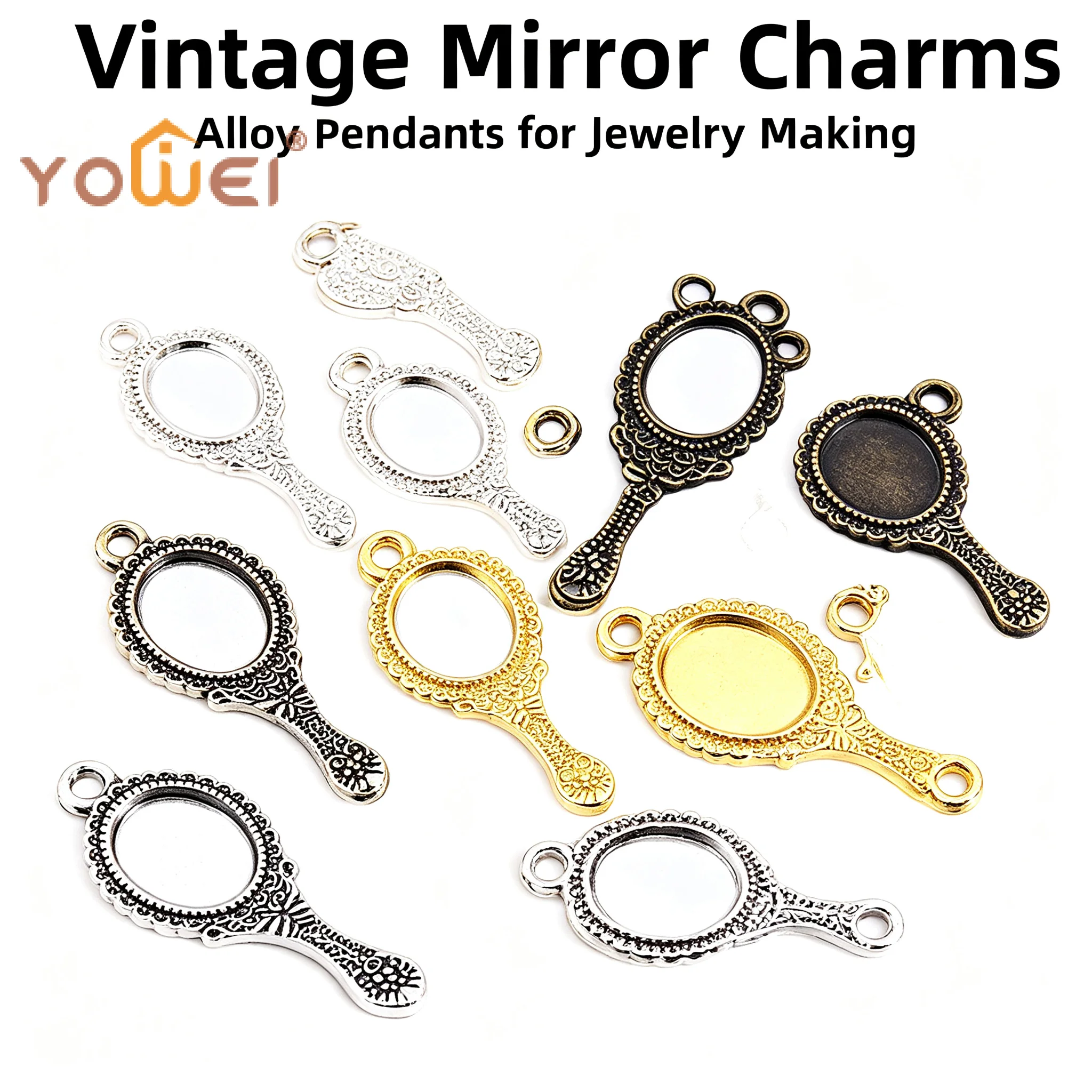 Latest 10pcs Vintage Alloy Mini Mirror Charms Antique Engraved Design Mirror Charms DIY Jewelry Making Necklace Bracelet Crafts