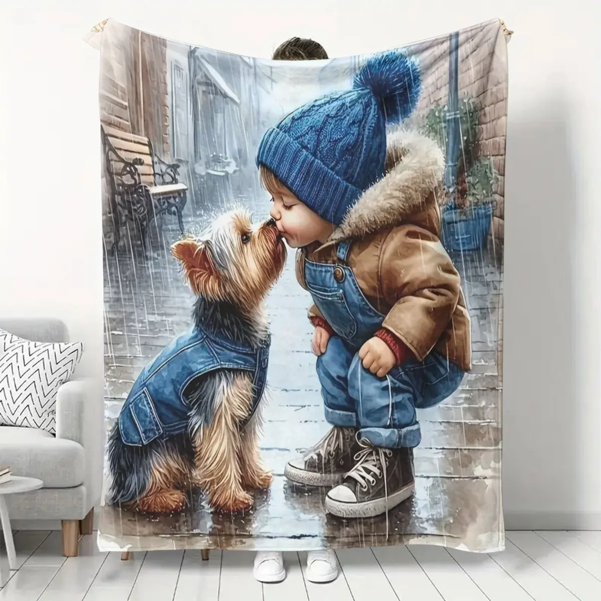 Cozy Dog-Themed Flannel Throw Blanket - Soft, Warm & Versatile for Sofa, Home, Office, Camping & Travel - Adorable Boy & Yorkshi