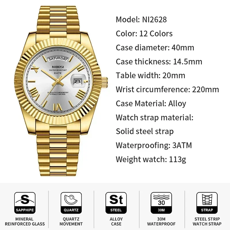 NIBOSI Luxury Men Watch Week Date Wristwatch Waterproof Luminous Clock Stainless Steel Casual Quartz Mens Watches Reloj Hombre