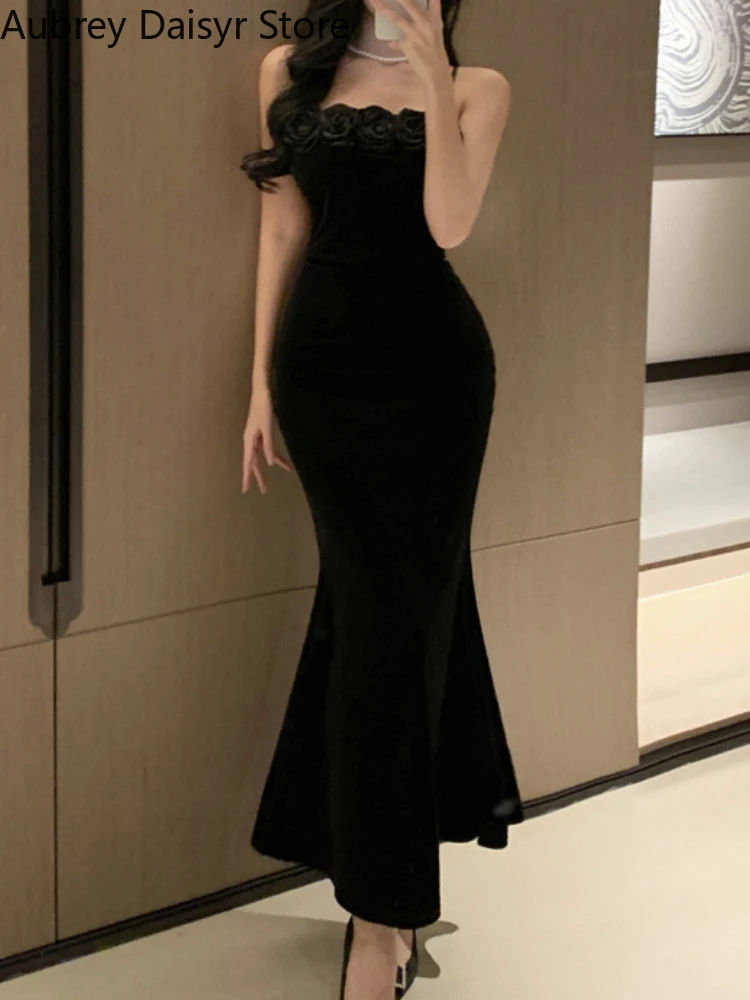 Winter Black Velvet Floral Long Dress Women Vintage Spaghetti Strap Sleeveless Dress Fashion Casual Sexy Evening Party Dress New