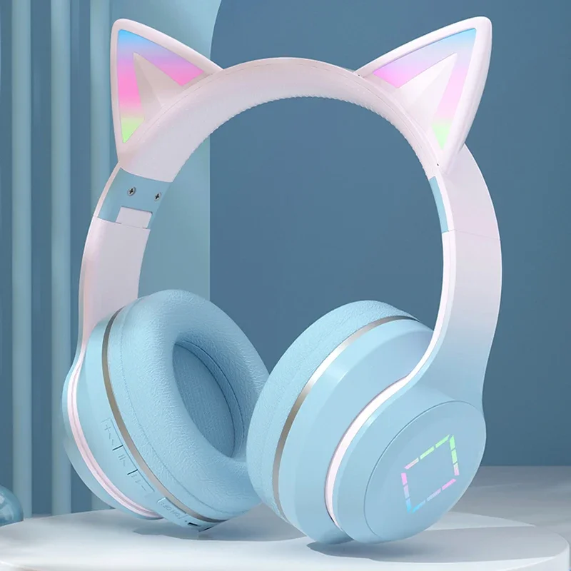 Earphone Bluetooth Wireless Cat-Ear Style Gradient Multiple Colors Headphone Noise Cancelling Game Headset for PC and Smartphone