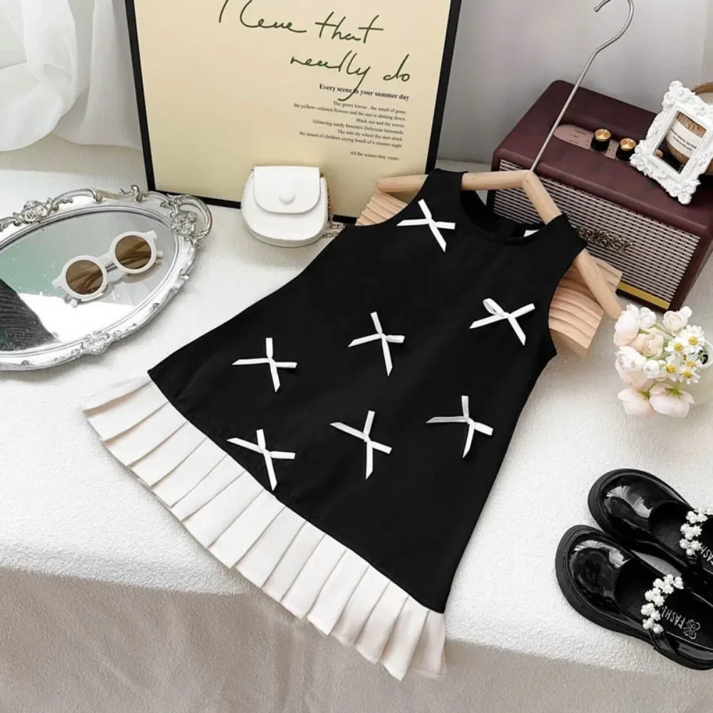 Black Bow Decoration Girls Dress Summer Sleeveless Princess Dresses Color Blocked Children's Clothing 3 To 7 Years Wear