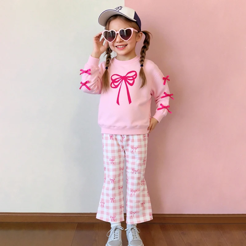 

Little maven Spring Autumn Cute Baby Girls Outfit Set Bow Sweatshirts Tops+Grid Print Pants Kids Girls two-piece Princess Suit