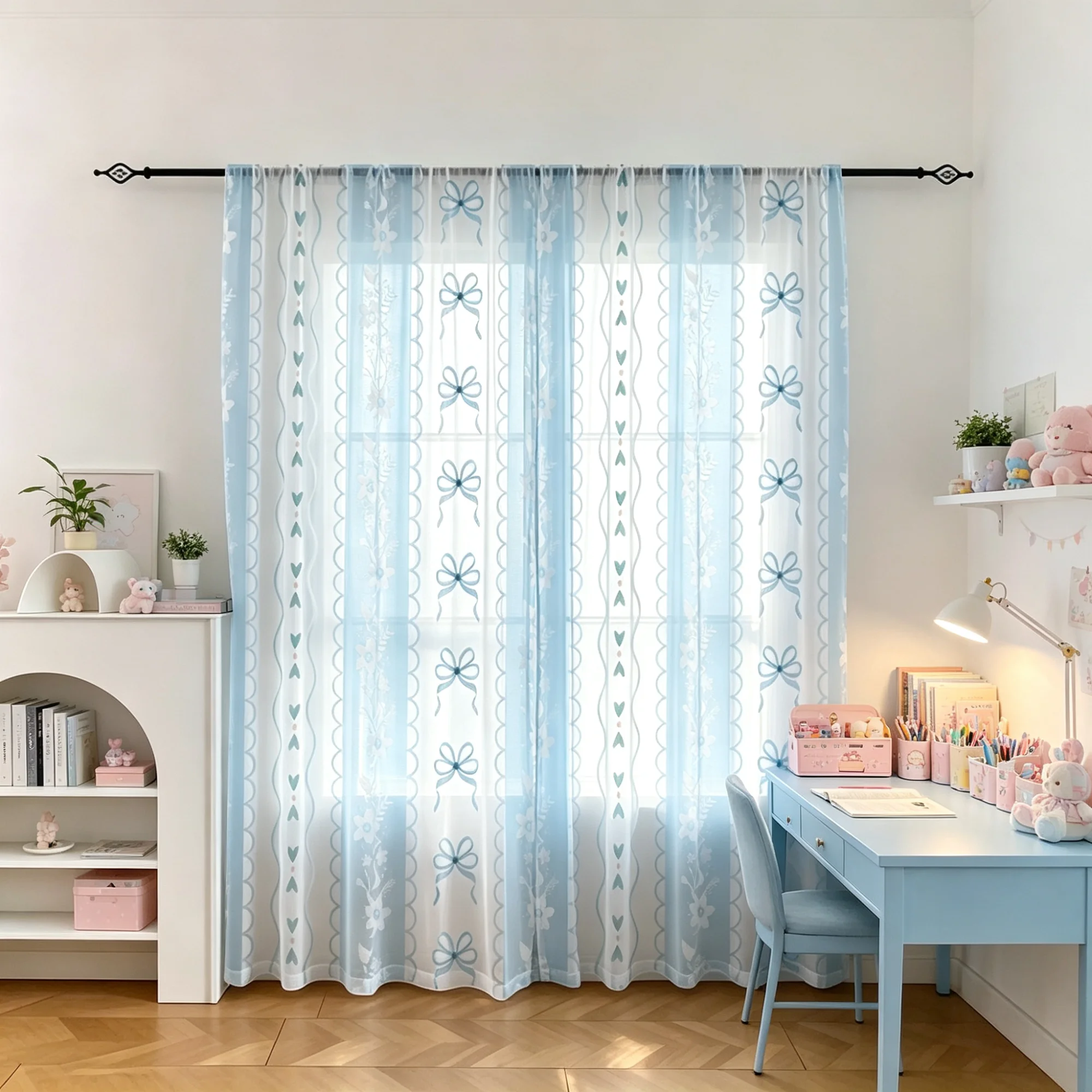 2-Piece Semi-Transparent Polyester Curtains Light Blue with Butterfly Knot Floral Wave Edging Print Gentle Korean Girl Style Fre