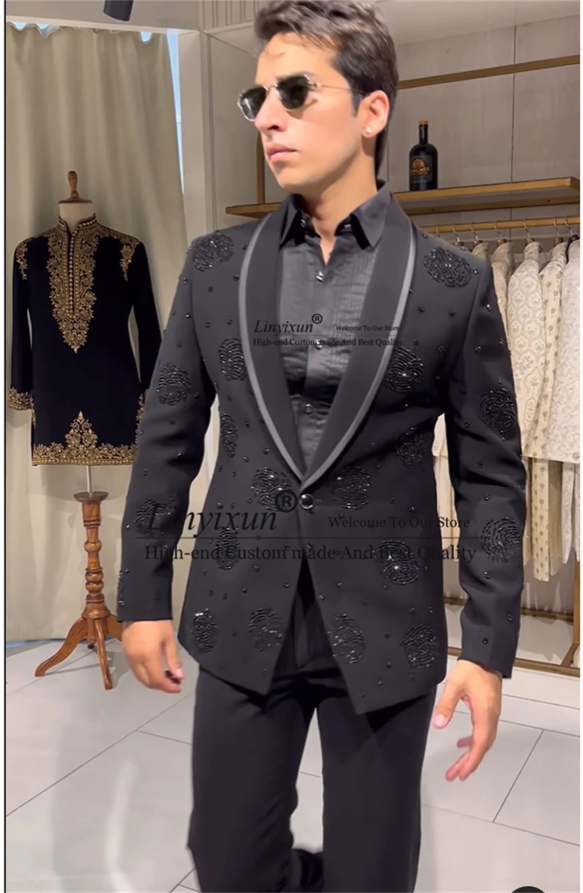 Sparkly Gem Stones Tuxedos Men Suits 2 Pieces Coat Pants Sets Groom Party Prom Blazers Luxury Beaded Slim Fit Costume Homme