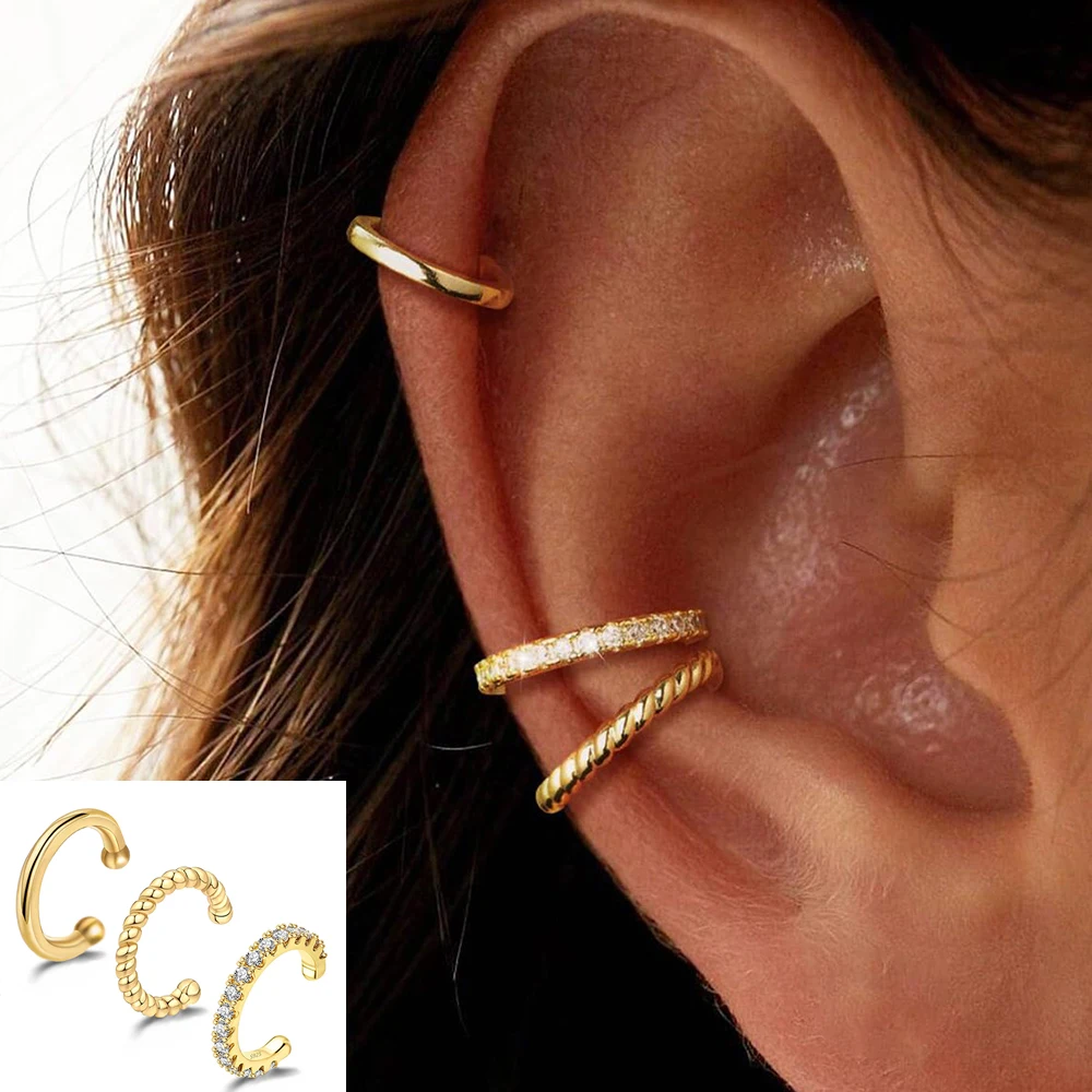3Pcs/Set Fashion Gold Color Crystal Clip Earrings for Women Girls Minimalist Metal C-shaped Fake Piercing Ear Cuff Ear Jewelry