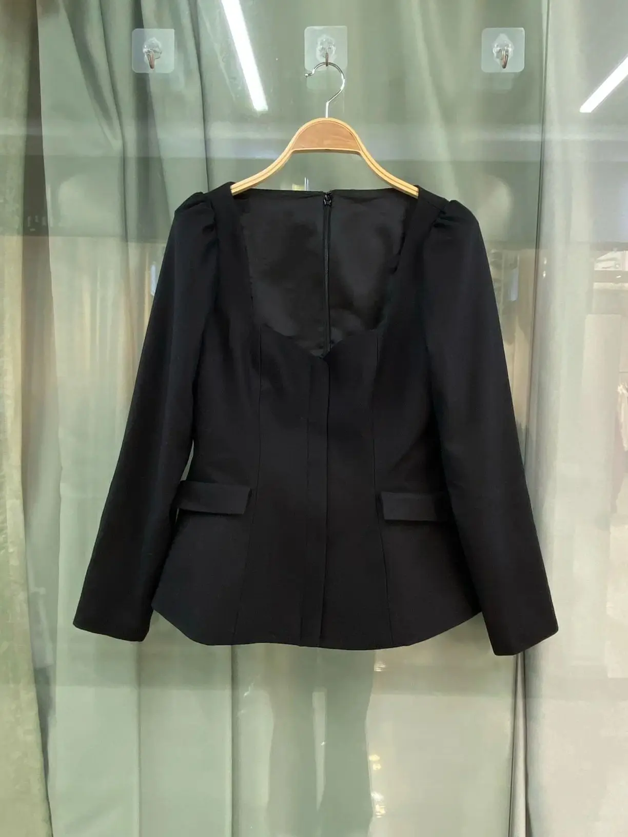 

Women Black Blouse Top Autumn Square Collar Long Sleeve Retro Shirt