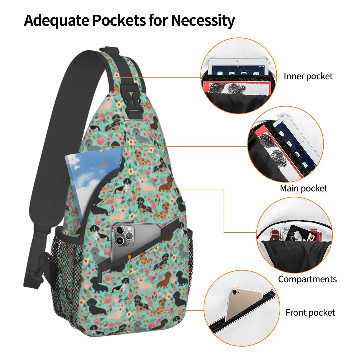 Dachshund Floral Do Vintage Florais Cão Crossbody Sling Sacos de Peito Saco Animal Ombro Mochila Mochila Viagem Caminhadas Viagem Pacote