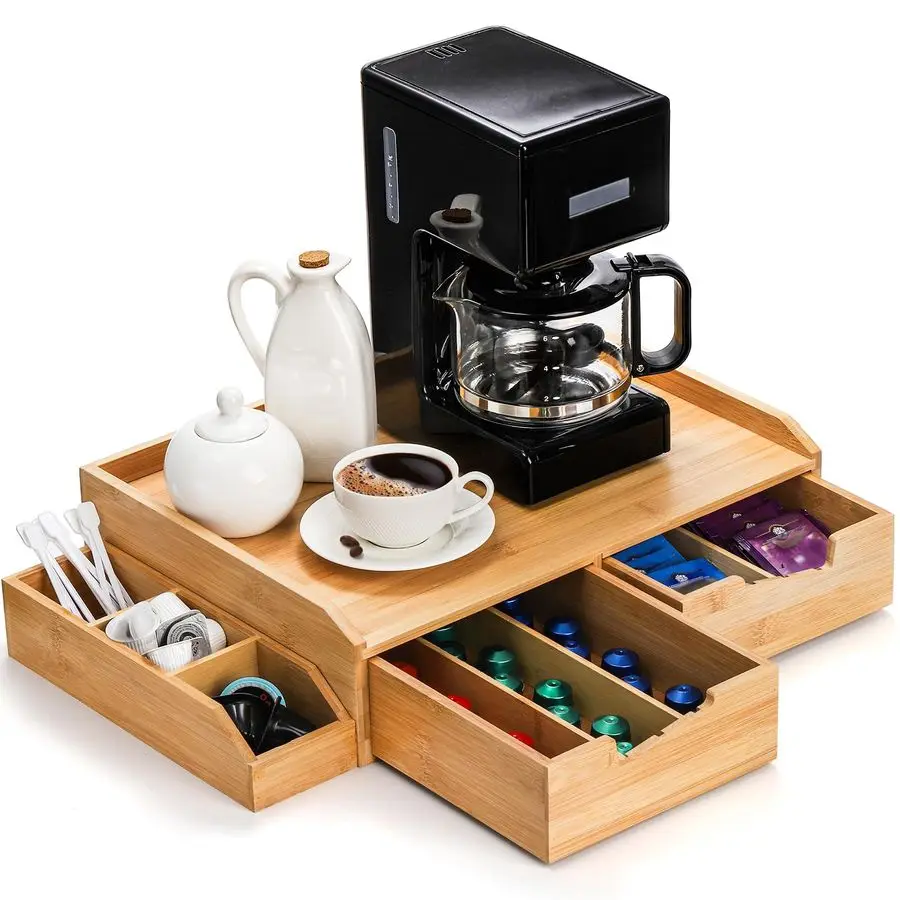 

Bamboo Drawer Organizer for Coffee Pod, K Cup Organizer for Counter, Tea Bag Storage Organizer with Drawer and Side Storage Box