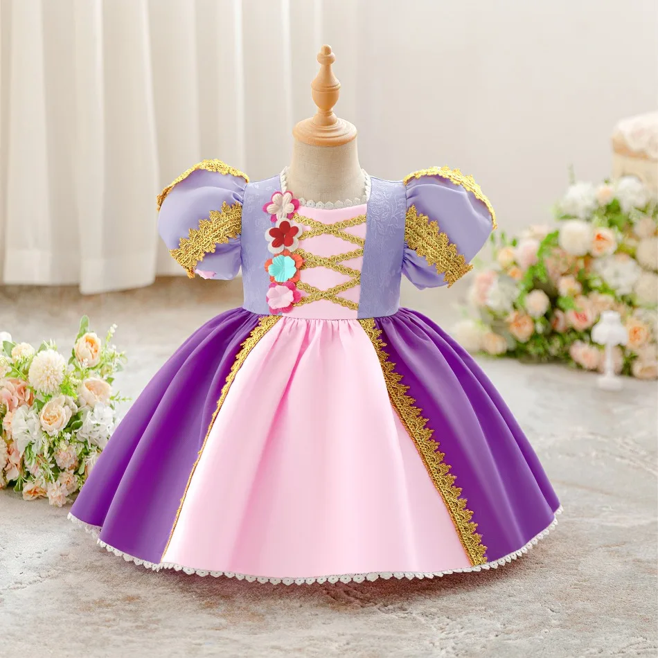 Toddler Hair Princess Rapunzel Party Baby Girl Dresses Carnival Flower Kids 1st Birthday Dress for Girls Bow Wedding Gown ASQ03