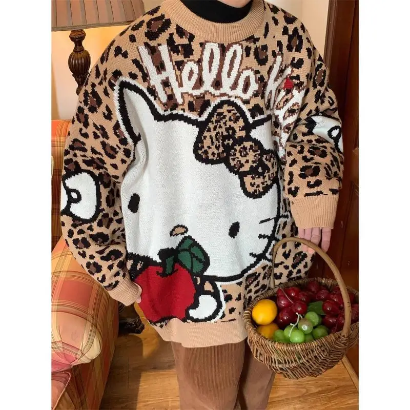 Hot Sanrio Retro Style Leopard Print Round Neck Sweater Autumn and Winter Kawaii Hello Kitty Comic Lovely Fashion Sweater Tops