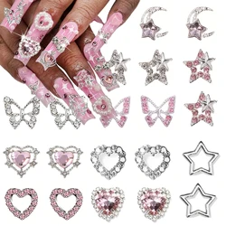 80Pcs Heart Star Nail Charms 3D Alloy Metal Butterfly Nail Rhinestones Pink Heart Nail Gems for Nails Shiny Luxury Nail