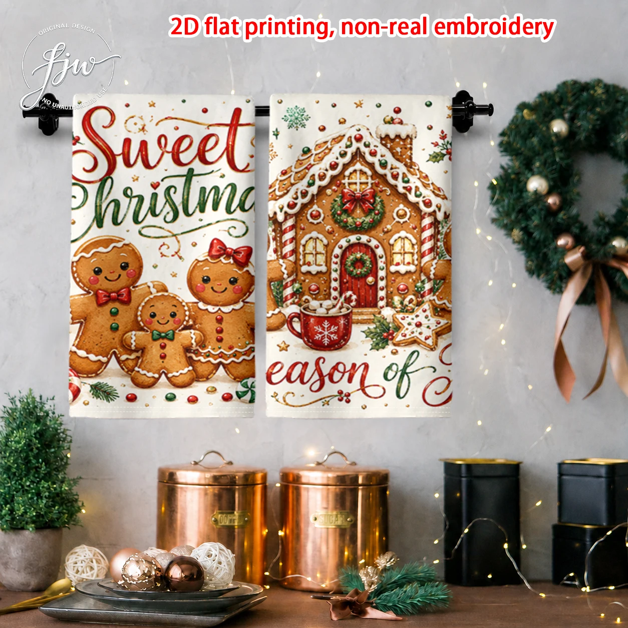 2pcsChristmas Gingerbread Theme Kitchen Towels Set of 2 2D Flat Printed Holiday Dish Towels for Xmas Home Decor