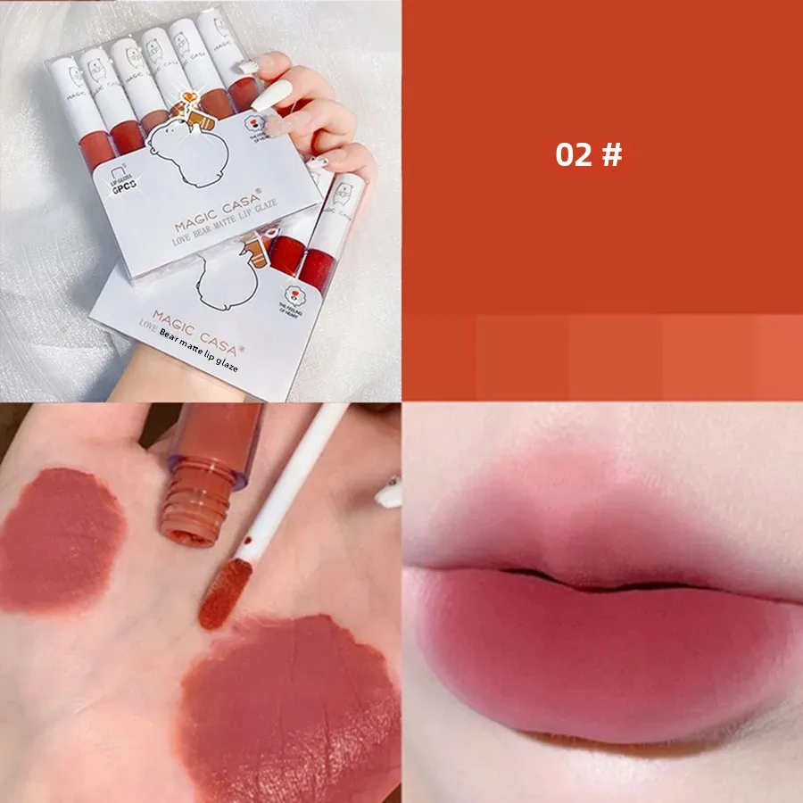 6pcs/Set Love Bear Velvet Matte Lipgloss Lip Tint Mud Nawilżający zestaw kosmetyków do ust zawiera pomadę do ust Lip Glaze Lip Stick & Lip Gloss