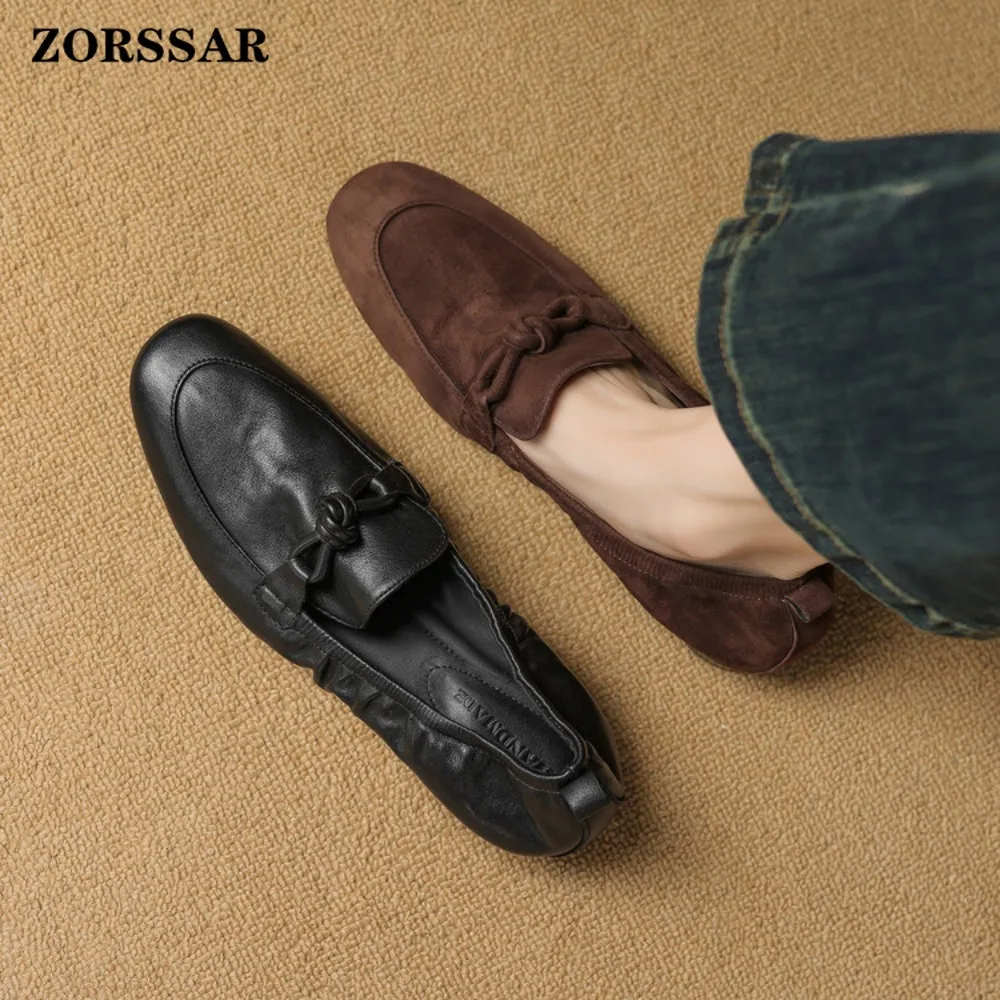 

2026 Spring New Women Flat Fashion Bow-knot Slip on Ballerinas Shoes Soft Suede Leather Flat Ladies Casual Dress Ballet Shoes