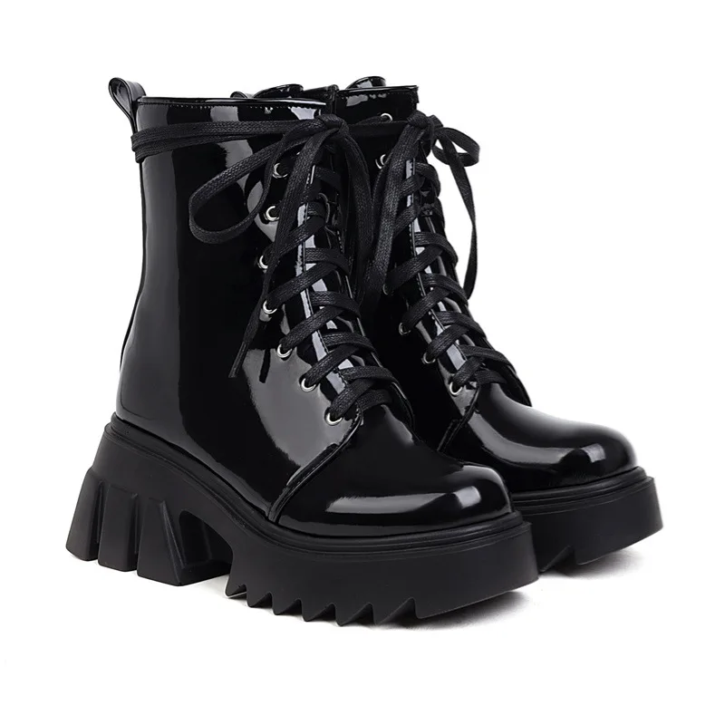 Botas de moto con cordones delanteros de estilo Punk para mujer, tacón alto, plataforma, botas de caballero adelgazantes, pierna baja, talla grande