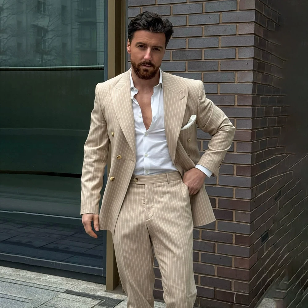 

Elegant Pinstripe Men's Suits Blazer High Quality Double Breasted Peak Lapel Straight 2 Piece Jacket Pants Sets Male Clothing