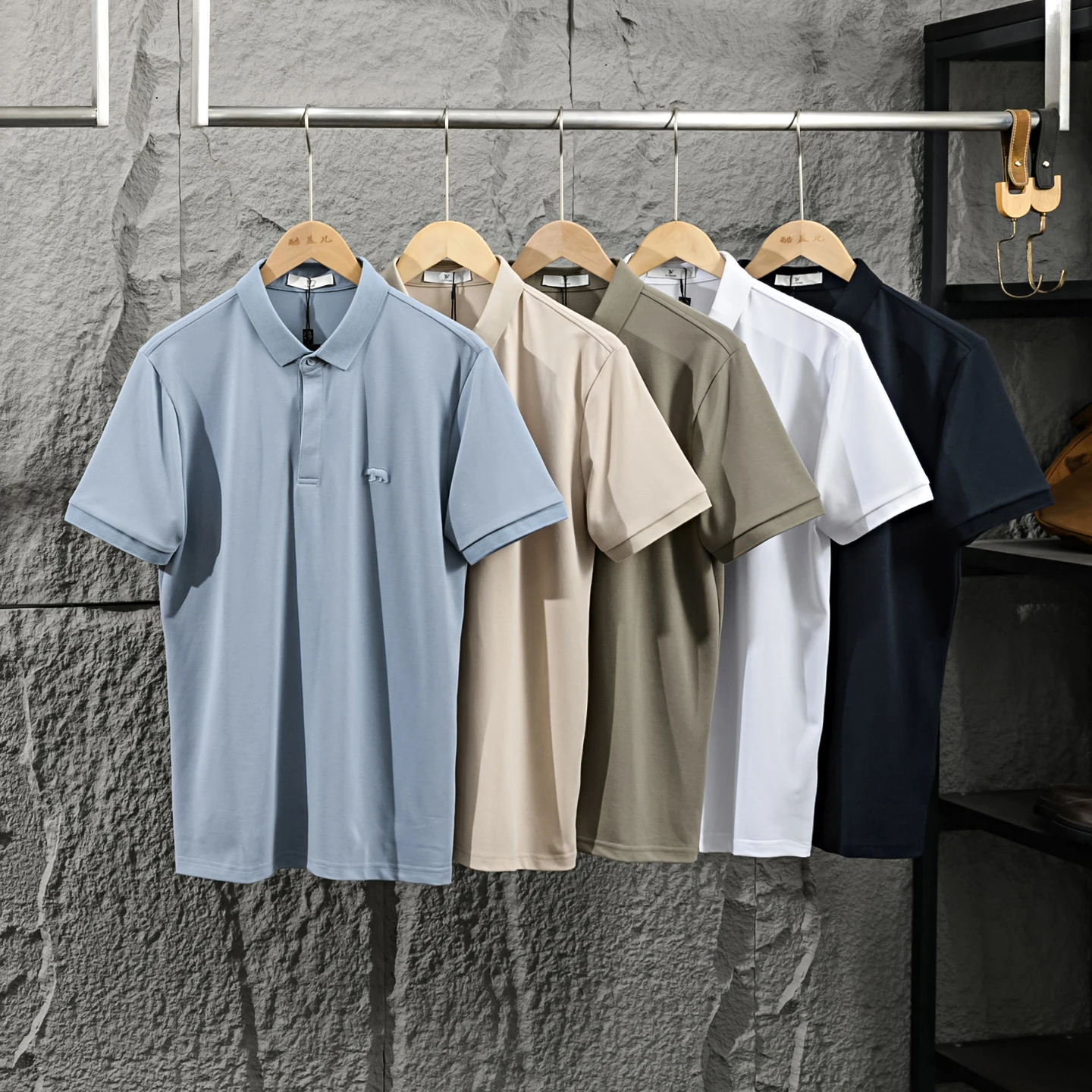 Exquisite Embroidery! Breathable Summer Men's  Shirt Pure Color Cool Feeling Casual Short Sleeve Turn-down Collar T-shirt