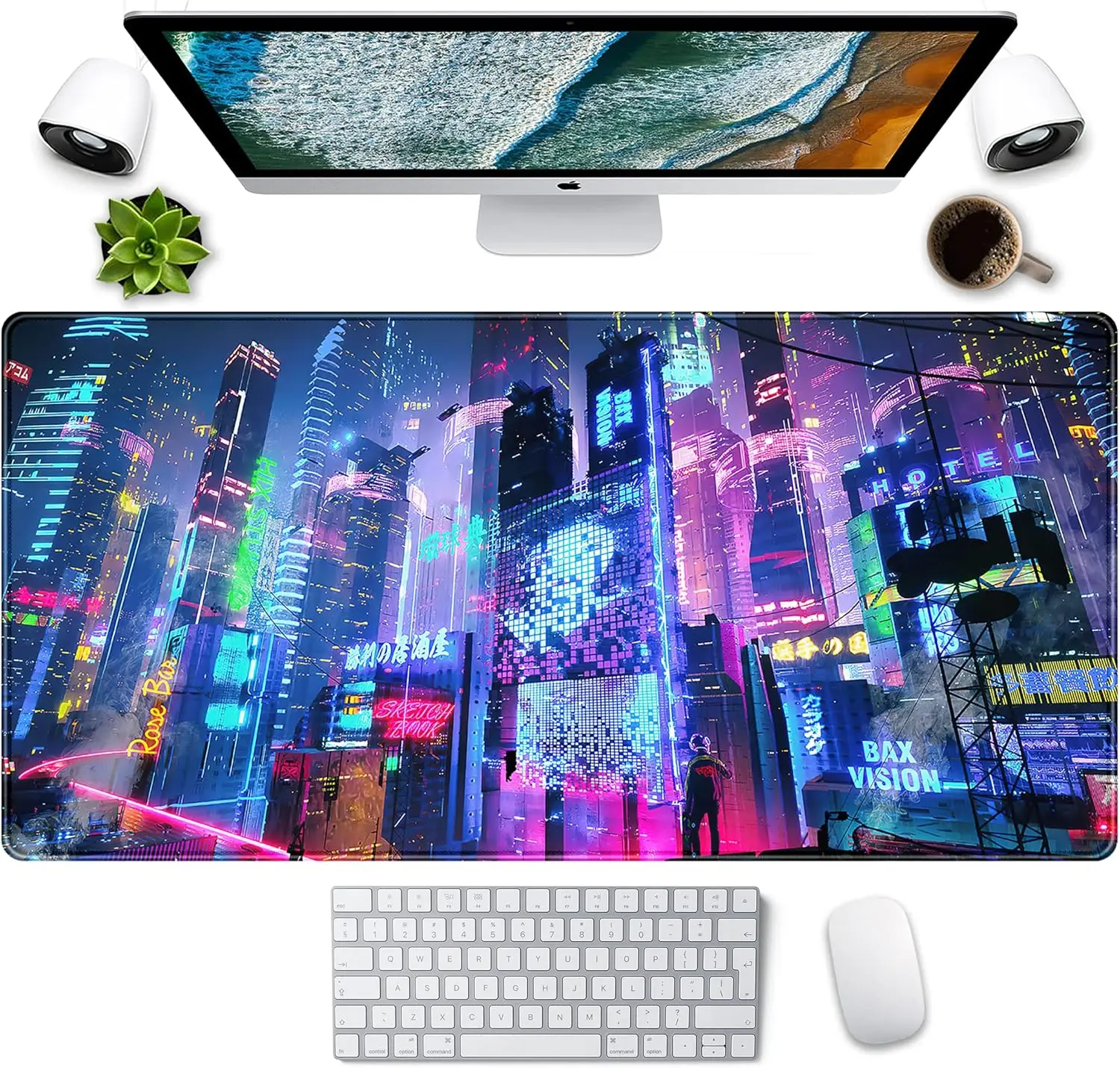 Japanese Street Desk Mat Futuristic Neon City Print Mouse Pad Exclusive glide pad Office Decor for Women Keyboard  Laptop