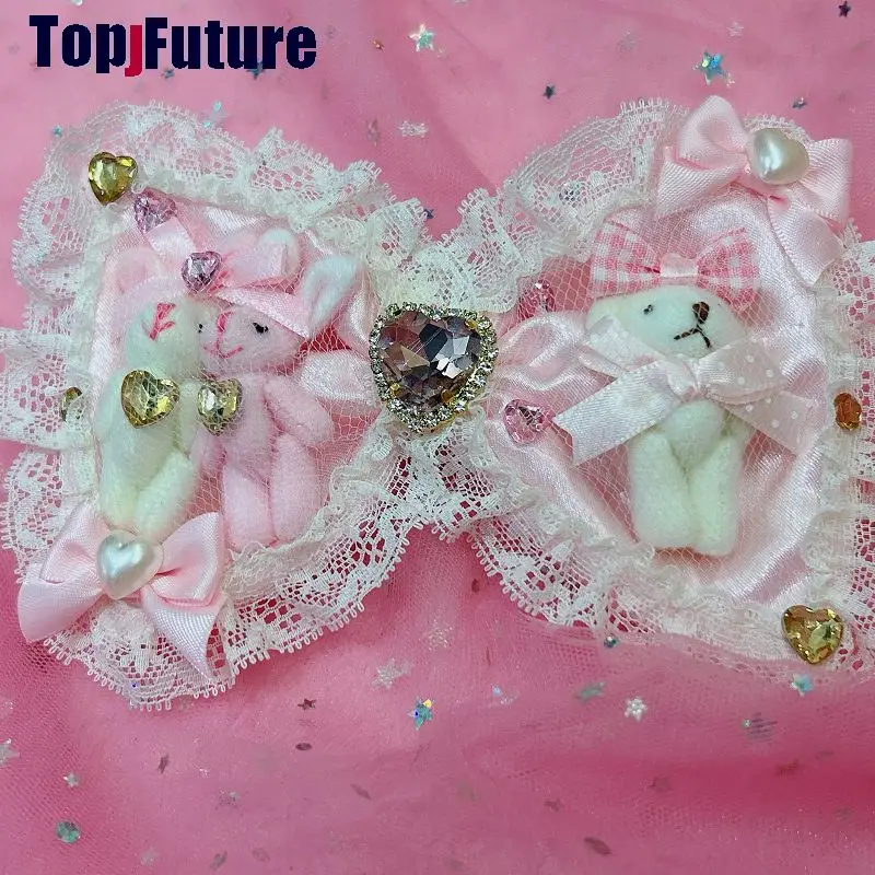 Mars Style Hime Gyaru Y2K Harajuku Sweet Lolita Hair Clips Heart Rhinestone Bunny Bear Party Necklace Bow Lace Hair Accessories