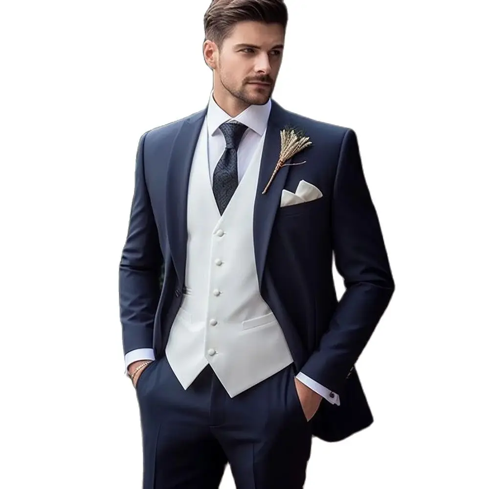 High Quality Men Suits Navy Blue Jacket Pants White Vest 3 Piece Peak Lapel Slim Fit Wedding Blazer Elegant Groom Costume Homme