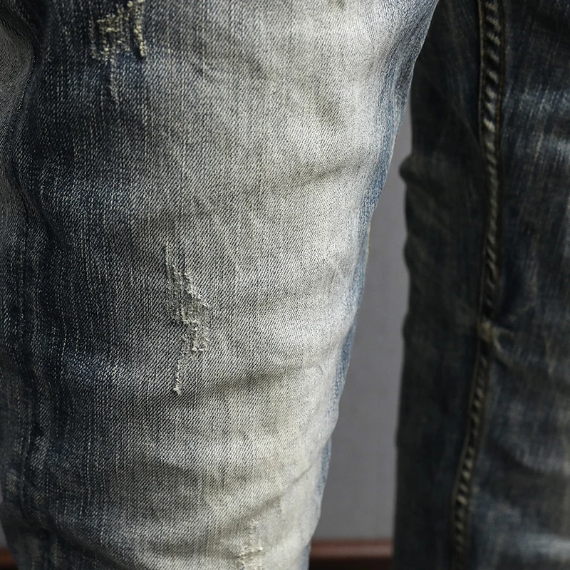 Fashion Vintage Men Jeans High Quality Retro Washed Blue Stretch Slim Fit Ripped Jeans Men Embroidery Designer Denim Pants Homme