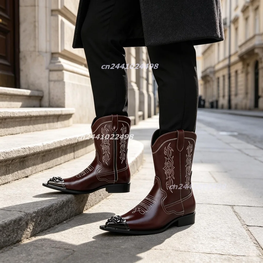 Men's Vintage Tribal Embroidery Cowboy Boots Pointed Toe Metal Toe Shoes Side Zipper Block Heel Fashion Country Style Footwear