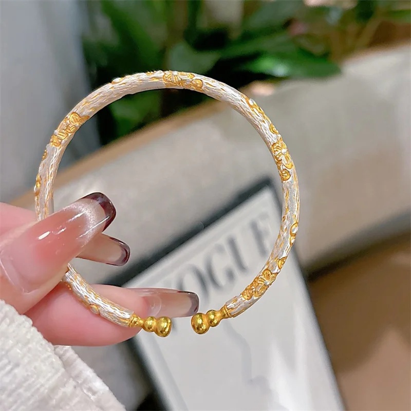 Ladies' Silver Bracelet S999 Pure Silver with Gold Engraving Enamel Gourd Lucky Plum Blossom Relief High Jewelry Gift