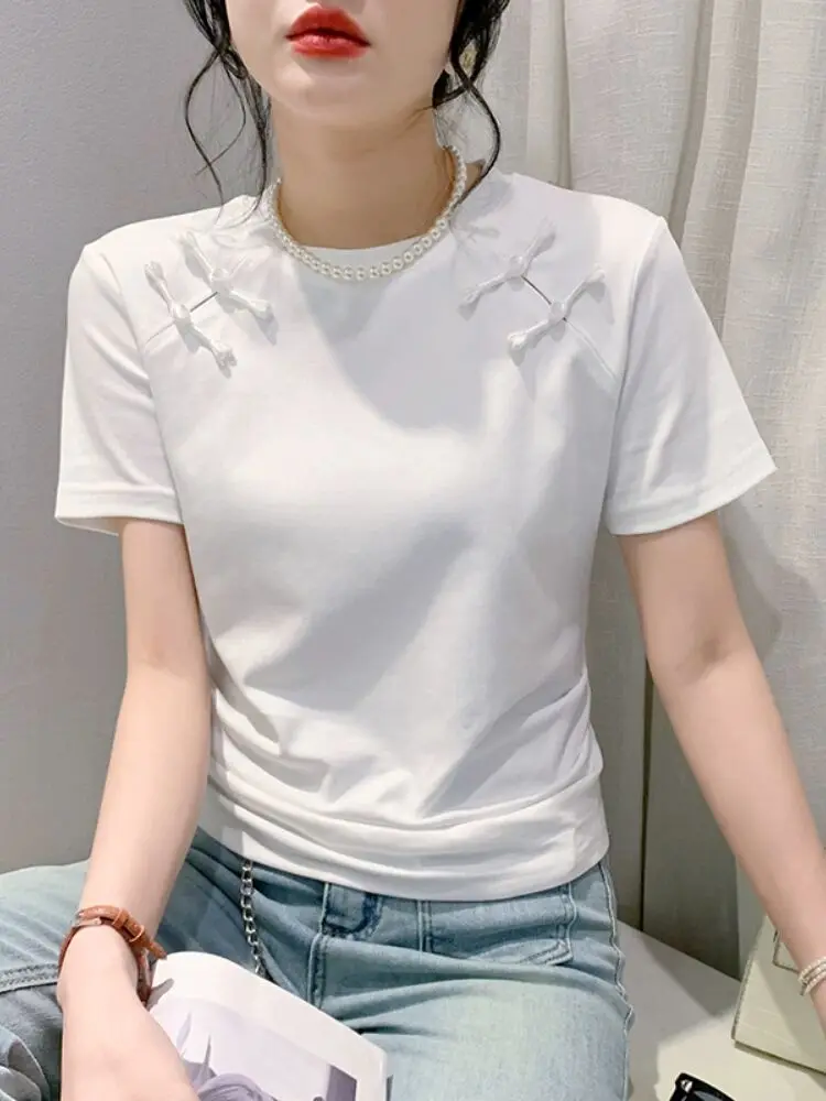 2024 New Chinese Style O-neck Solid Female Button Shirring T-shirt Spring Summer Woman S-3XL Short Sleeve Charming Cotton Retro