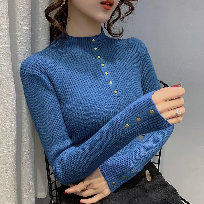 Women Autumn Winter Fashion Slim Solid Color Mock Neck Long Sleeve Knitwear Ladies Office Lady Knitting Bottoming Shirt Robe