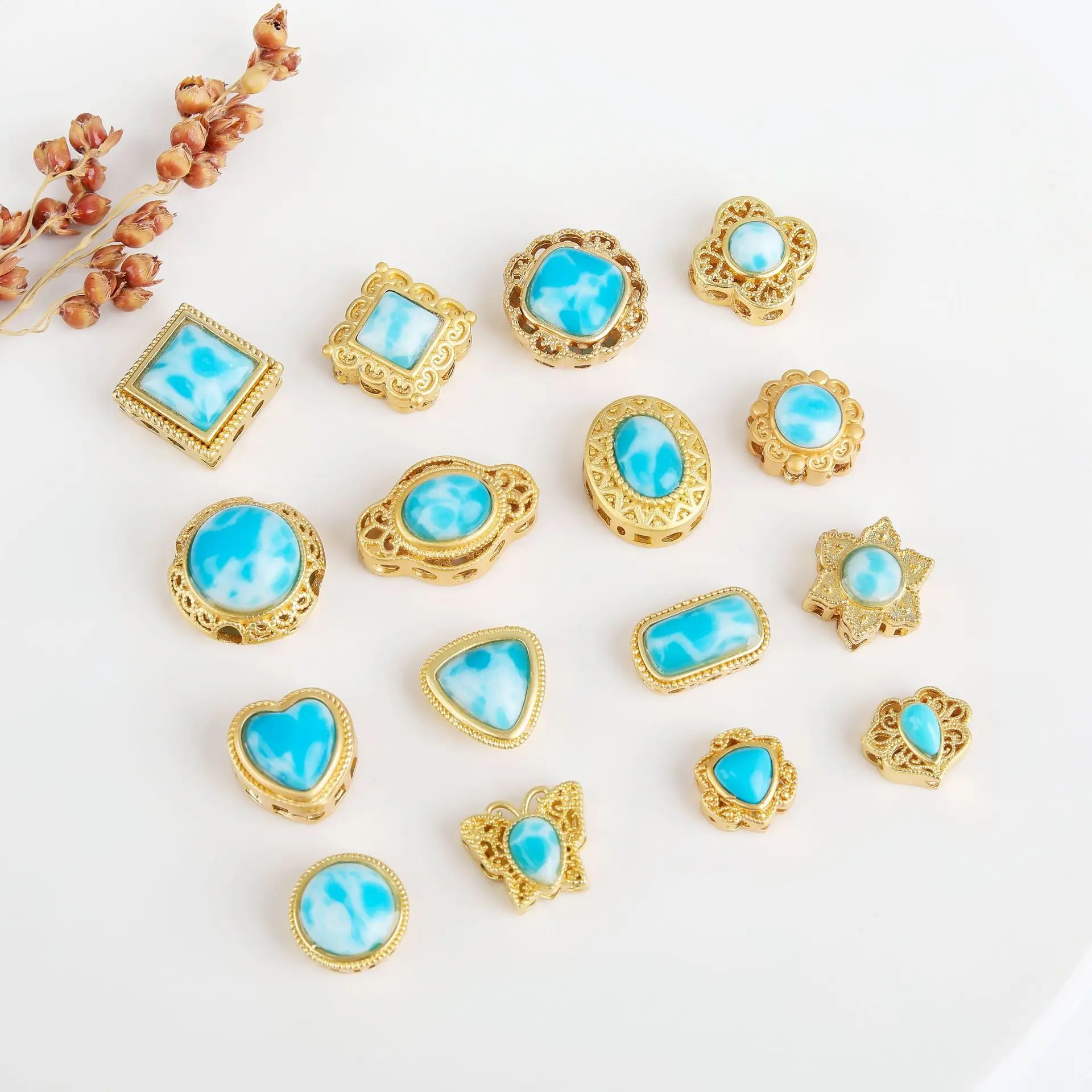 7pcs Copper Gold-plated Multi-pass Ring Inlaid Green Turquoise Spacer Beads Diy Bracelet Necklace Jewelry Accessories Wholesale