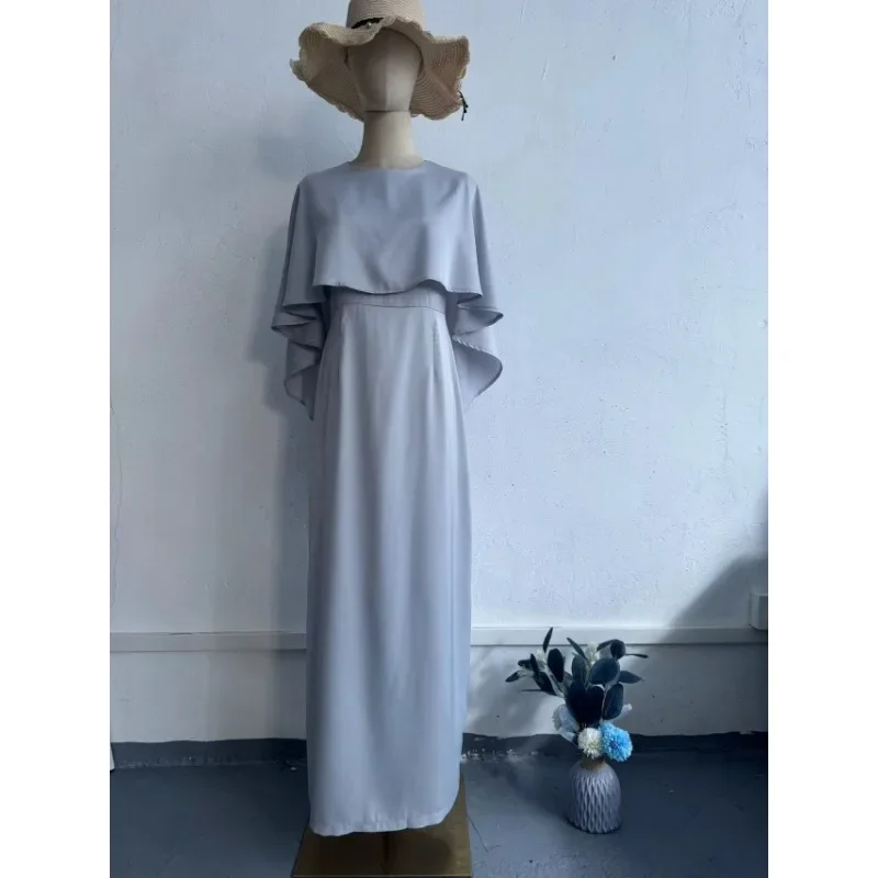 Spring and Summer New Solid Color Satin Bat Shawl Style Waist Collection Long Sleeve Dress Round Neck Hip Wrapping Skirt 2025