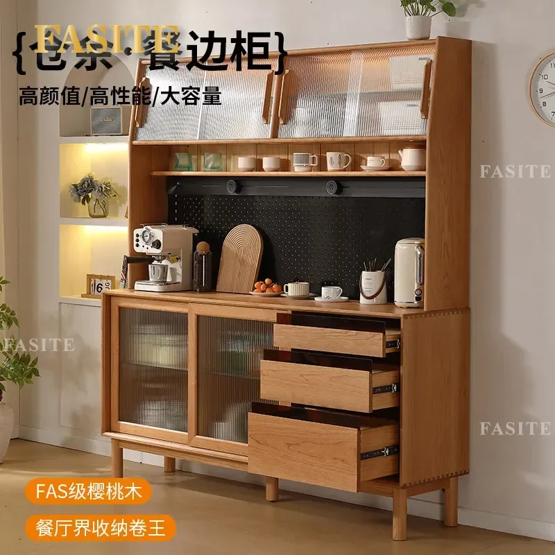 Nordic Solid Wood Dining Sideboard Cherry Kitchen Storage Cabinet Tall Pantry Cupboard for Home Restaurant Dust Proof Simple