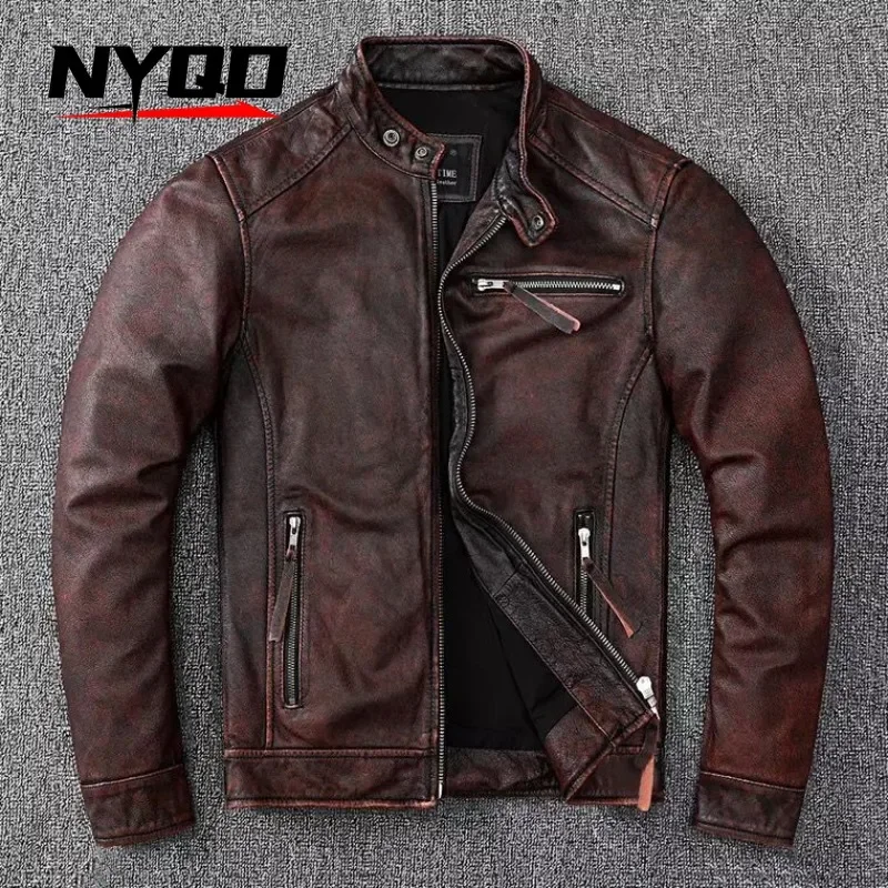 

High End Genuine Leather Jacket for Men Top Layer Cowhide Retro Distressed Stand Up Collar Motorcycle Leather Jacket מעיל אופנוע