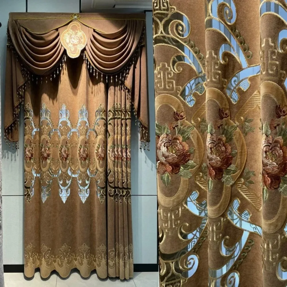 New Chinese Style Coffee Colored Peony Hollowed Out Embroidered Curtains Villa Floor To Ceiling Living Room Dining Room Balcony
