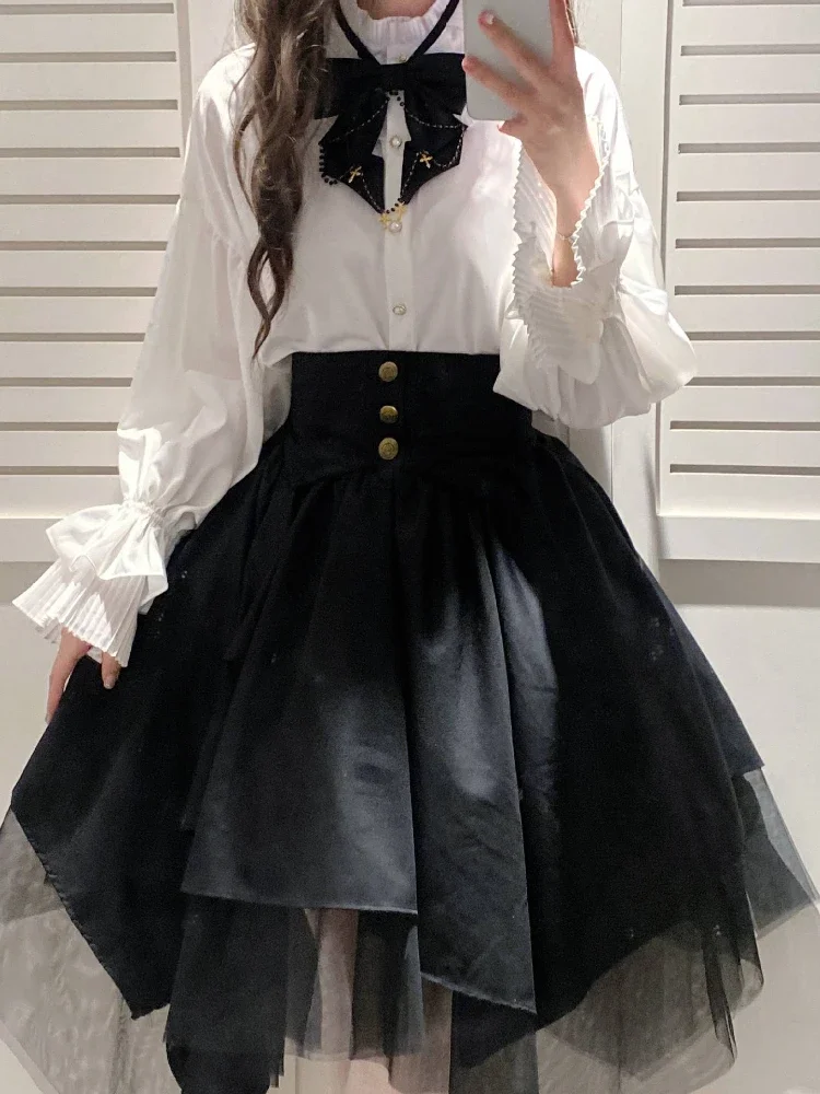 2024 ใหม่Retro Lolita Gothicเสื้อ + Harajuku Vintage Punkไม่สม่ําเสมอเอวCinchedตาข่ายกระโปรงสบายๆผู้หญิงStreetชุดกระโปรง