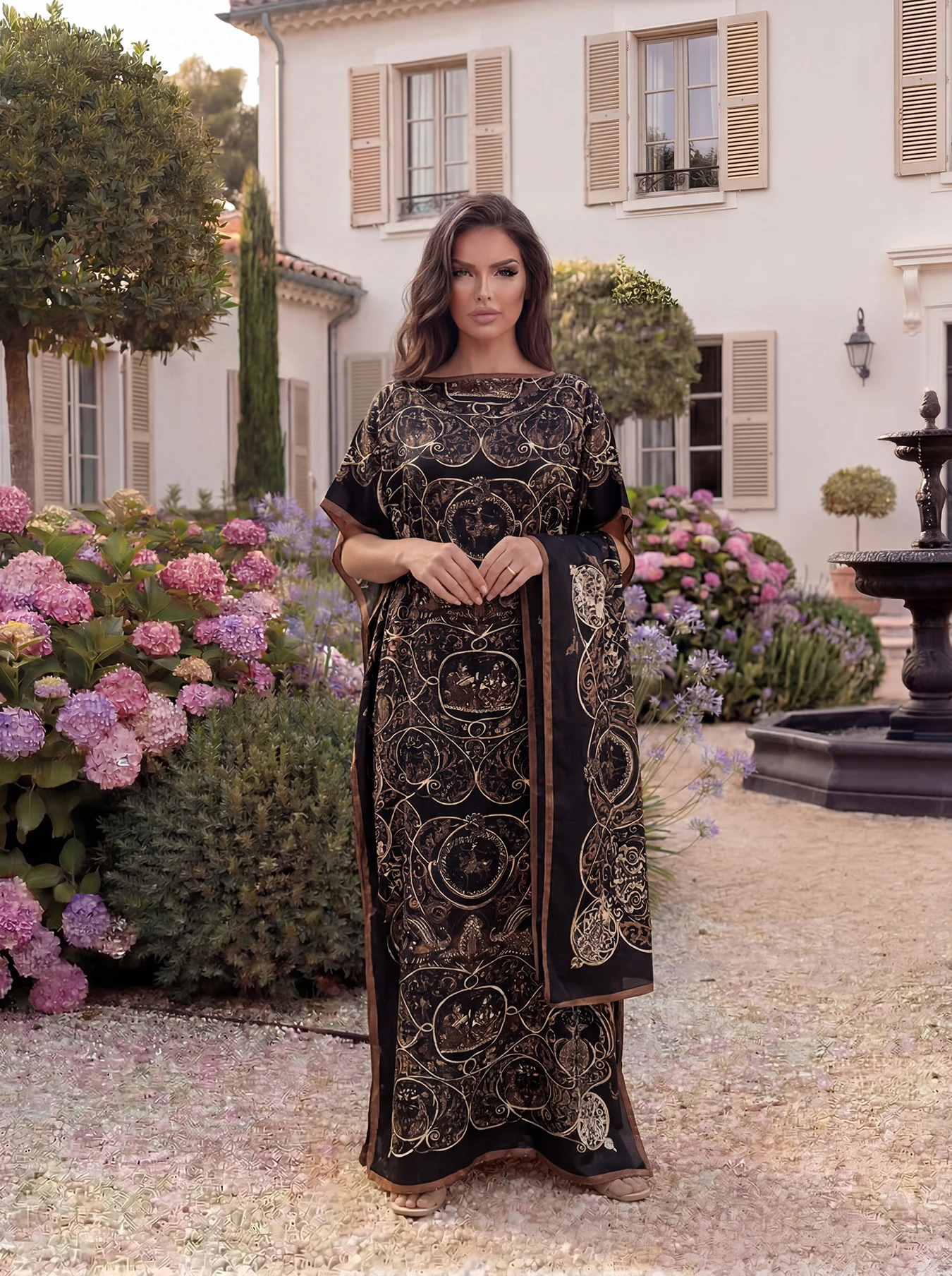 Vintage Baroque Animal Print Abaya With Scarf, Loose Maxi Kaftan For African Muslim Women Summer Beach Holiday Wear view 2