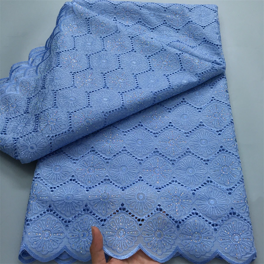 Bule Nigerian Lace Swiss Voile Fabric African Dry Cotton Lace Fabric 2024 High Quality 5 Yards Embroidery Dress for Women A4140