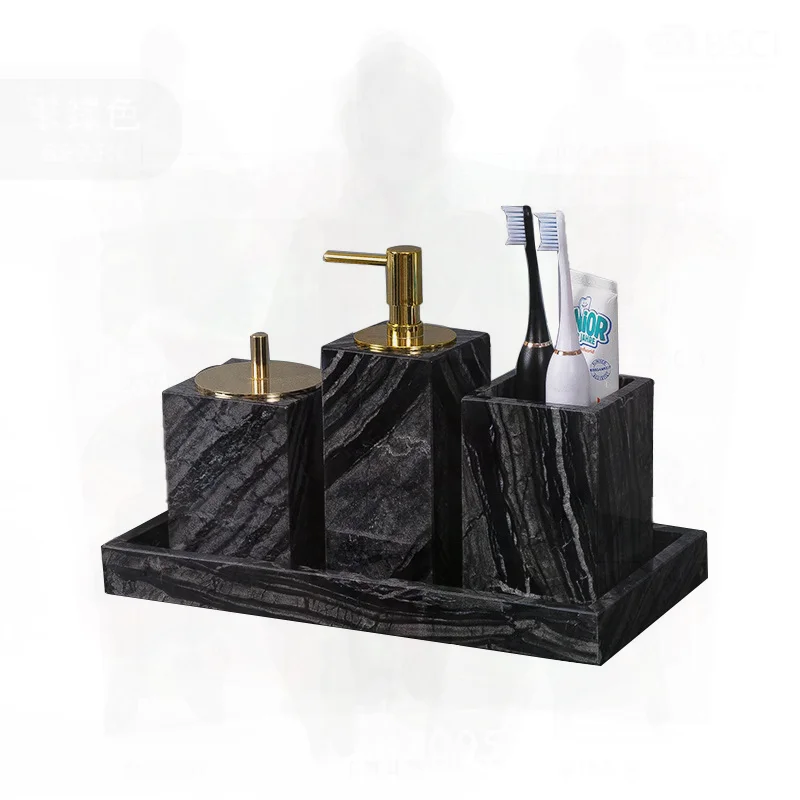 طقم حمام من الرخام الطبيعي - طقم غسيل مكون من أربع قطع مع رف فرشاة الأسنان وديكور الحمام الرخامي وغرفة نموذجية #1