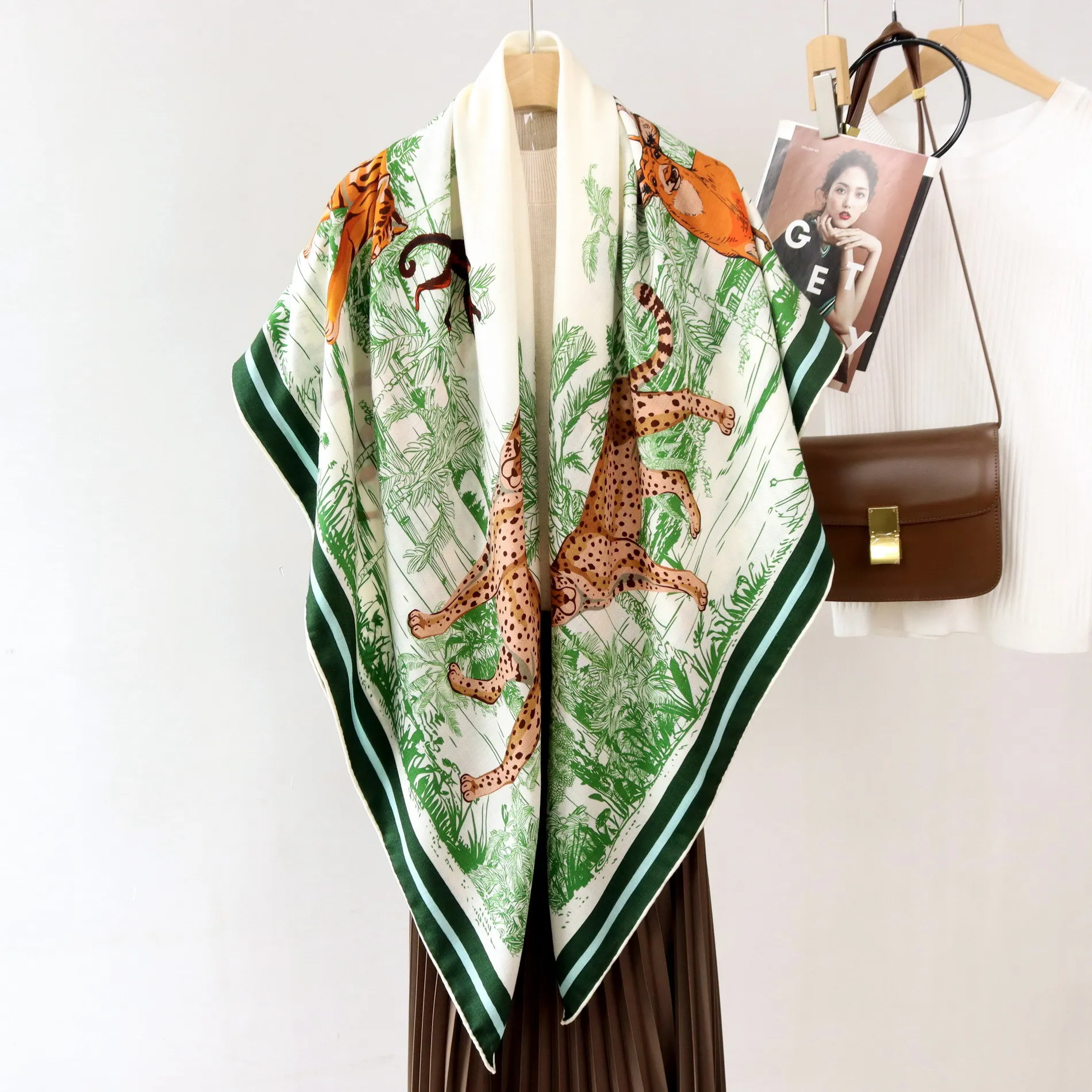 Tiger Double Faced Scarf Women Large Shawls Hand-rolled Edge Scarves Square Bandanas Silk Wool Shawls Christmas Lover Gift
